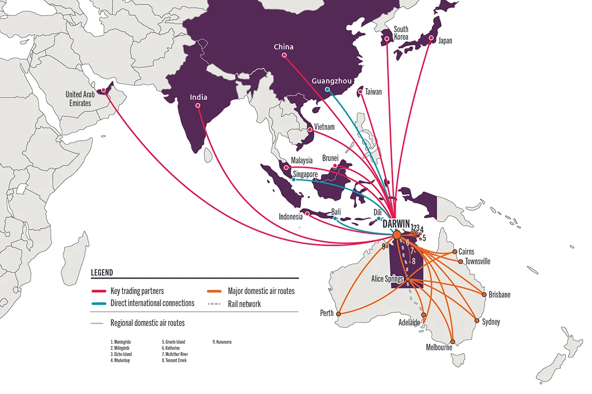 Map of the world showing Northern Territory's locations in relation to other Asian countries.