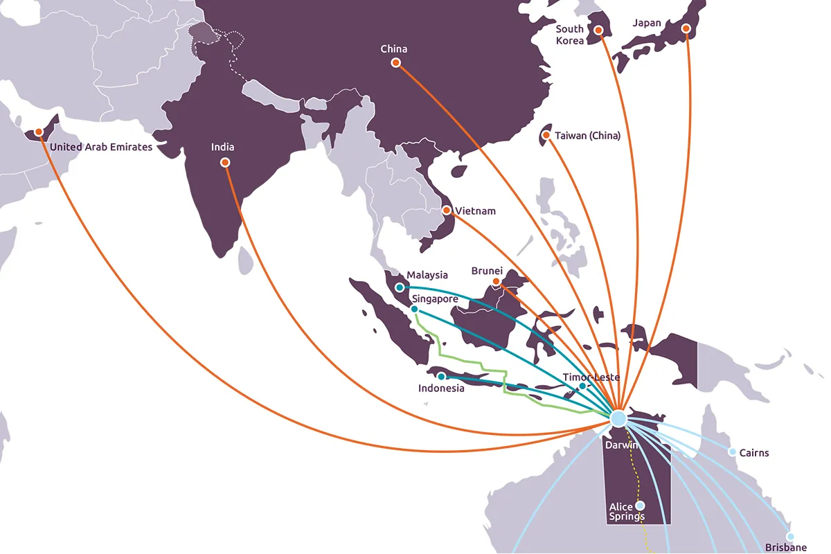 Map of the world showing Northern Territory's locations in relation to other Asian countries.