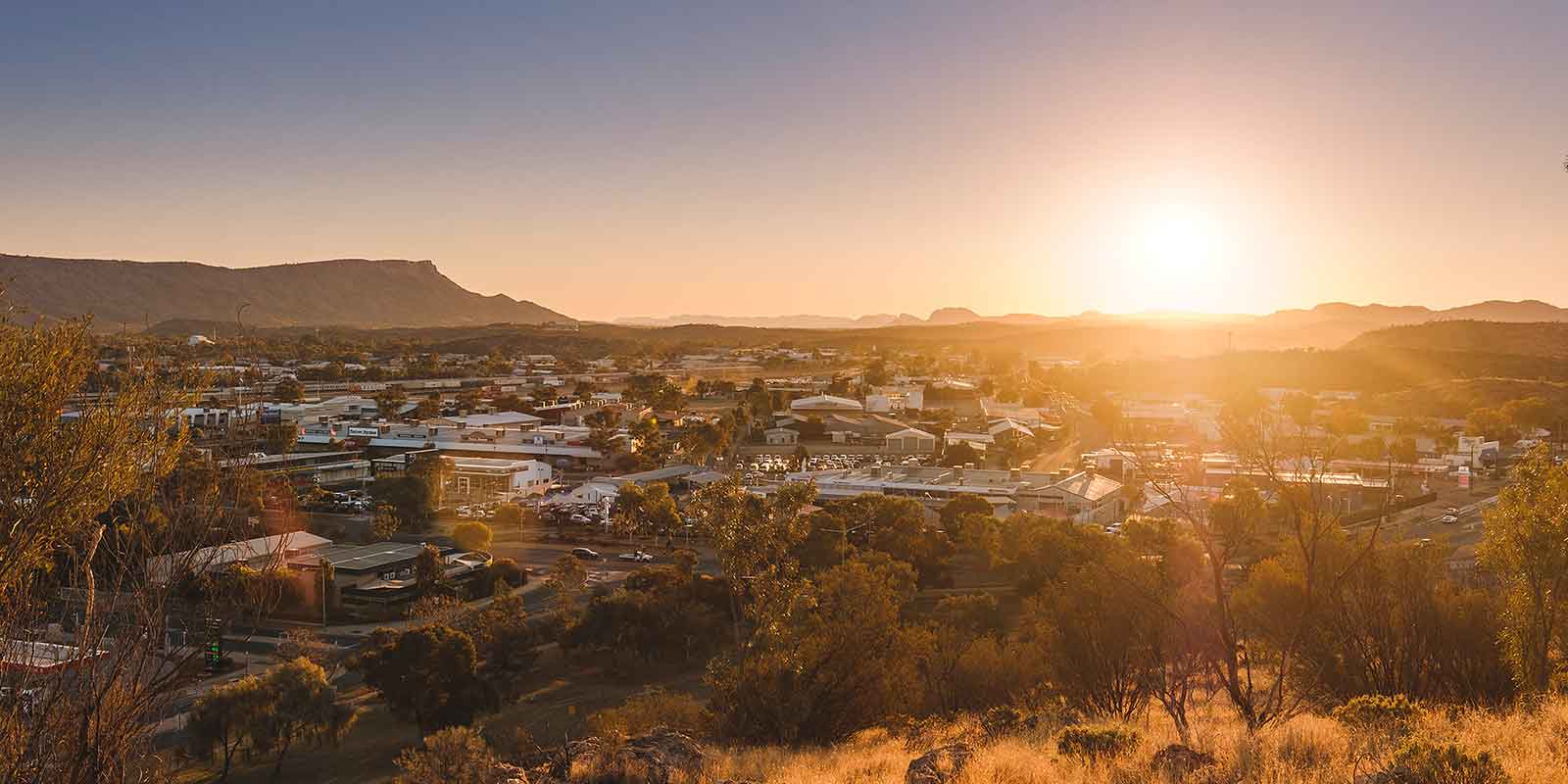 Aerial view of Alice Springs at sunset