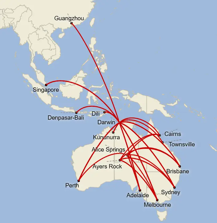 Map of flight routes in Australia and Southeast Asia, centered on Darwin.