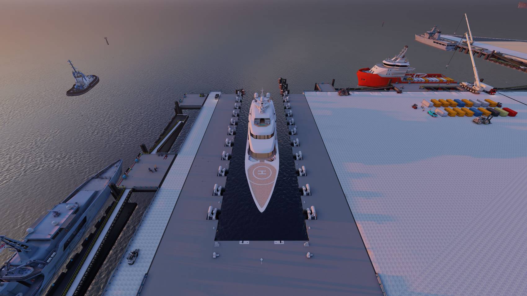 Aerial view of a large yacht docked at a marina.